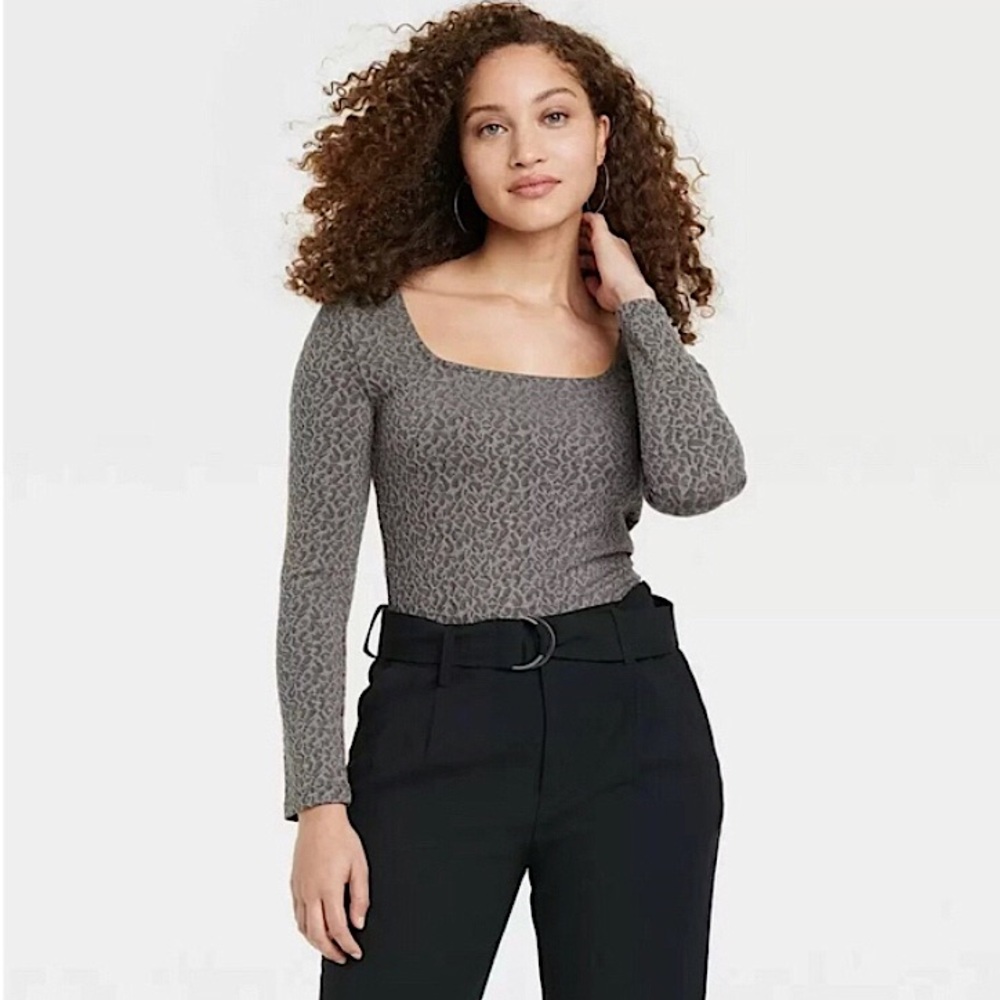 A New Day Bodysuit Gray Leopard Print Sz L Women's New NWT